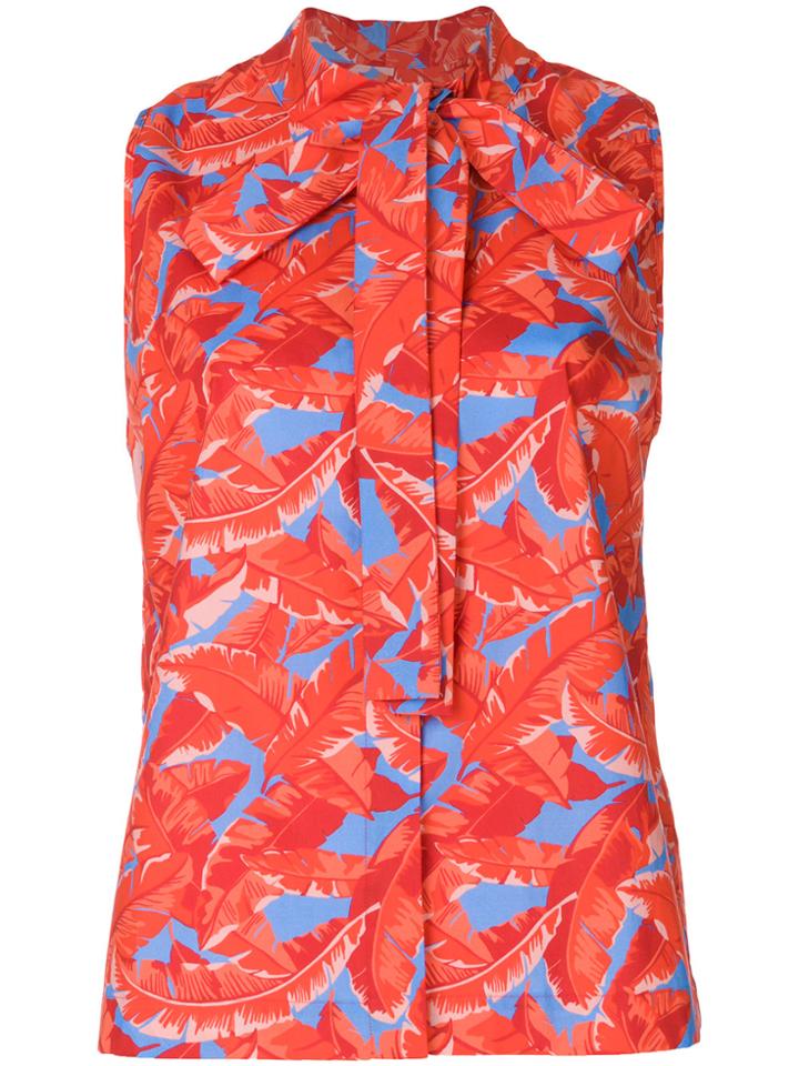 Msgm Palm Print Pussy Bow Top - Red