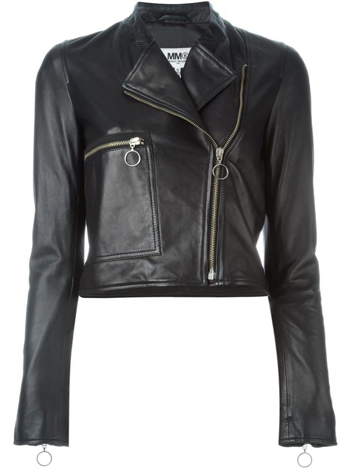 Mm6 Maison Margiela Cropped Biker Jacket, Women's, Size: 42, Black, Leather/cotton