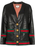 Gucci Contrast Trim Button Down Leather Jacket - Black