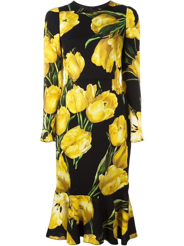 Dolce & Gabbana Tulip Print Fitted Dress, Women's, Size: 40, Black, Silk/spandex/elastane