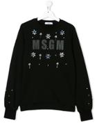 Msgm Kids Teen Crystal Flower Applique Sweatshirt - Black