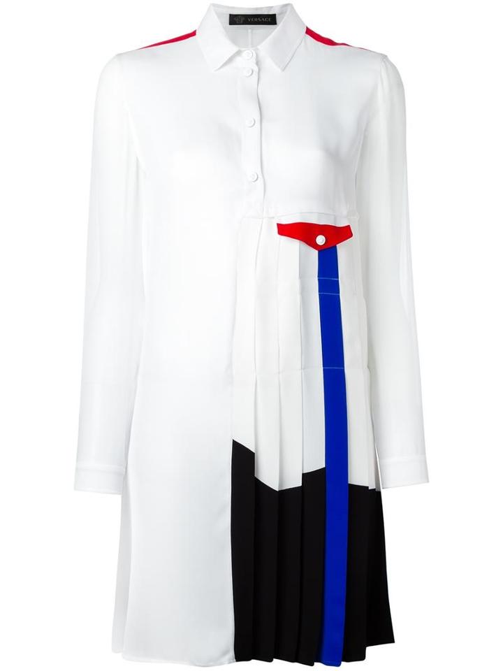 Versace Pleated Colour Block Dress, Women's, Size: 42, White, Silk/viscose