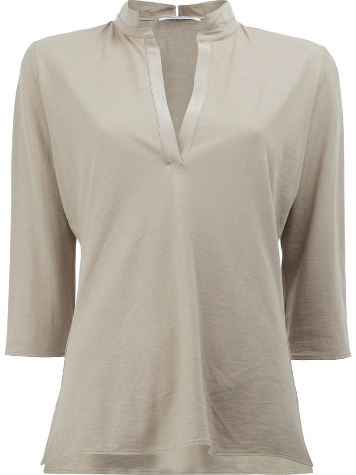 Lamberto Losani V-neck Cropped Sleeve Blouse, Women's, Size: Small, Nude/neutrals, Silk/cotton
