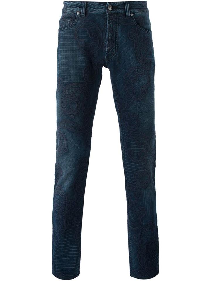 Versace Skinny Embroidered Jeans, Men's, Size: 31, Blue, Cotton/spandex/elastane/polyester