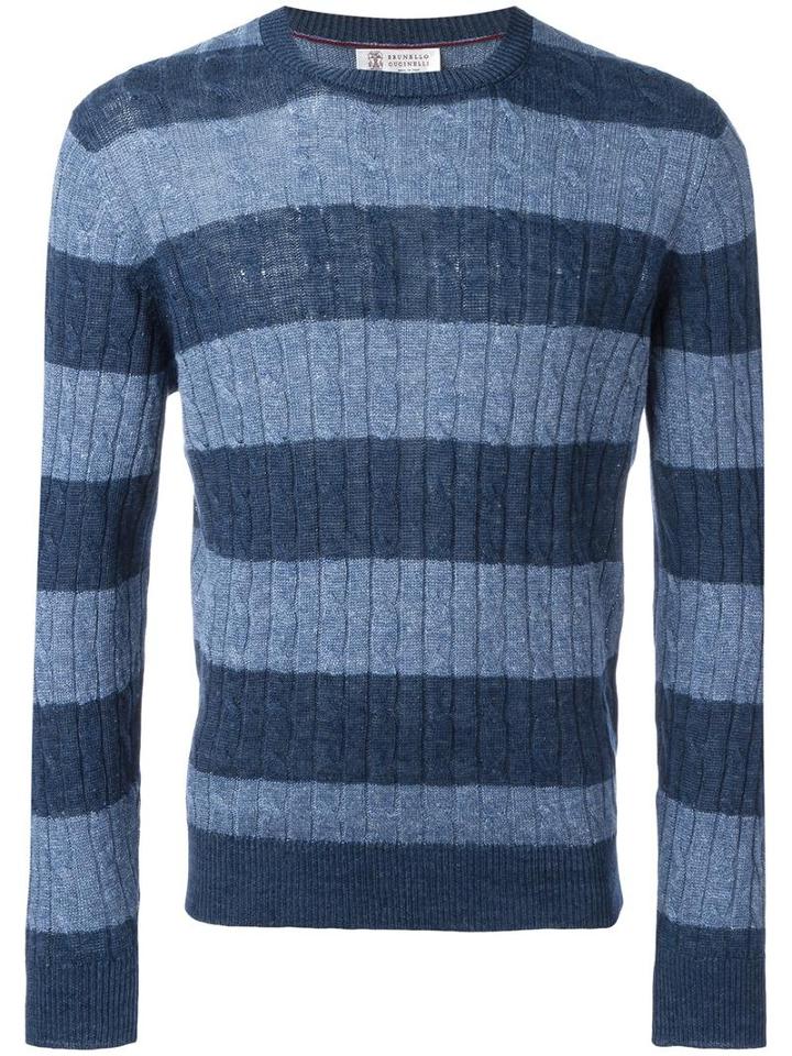 Brunello Cucinelli Stripes Detail Ribbed Trim Jumper, Men's, Size: 54, Blue, Cotton/linen/flax