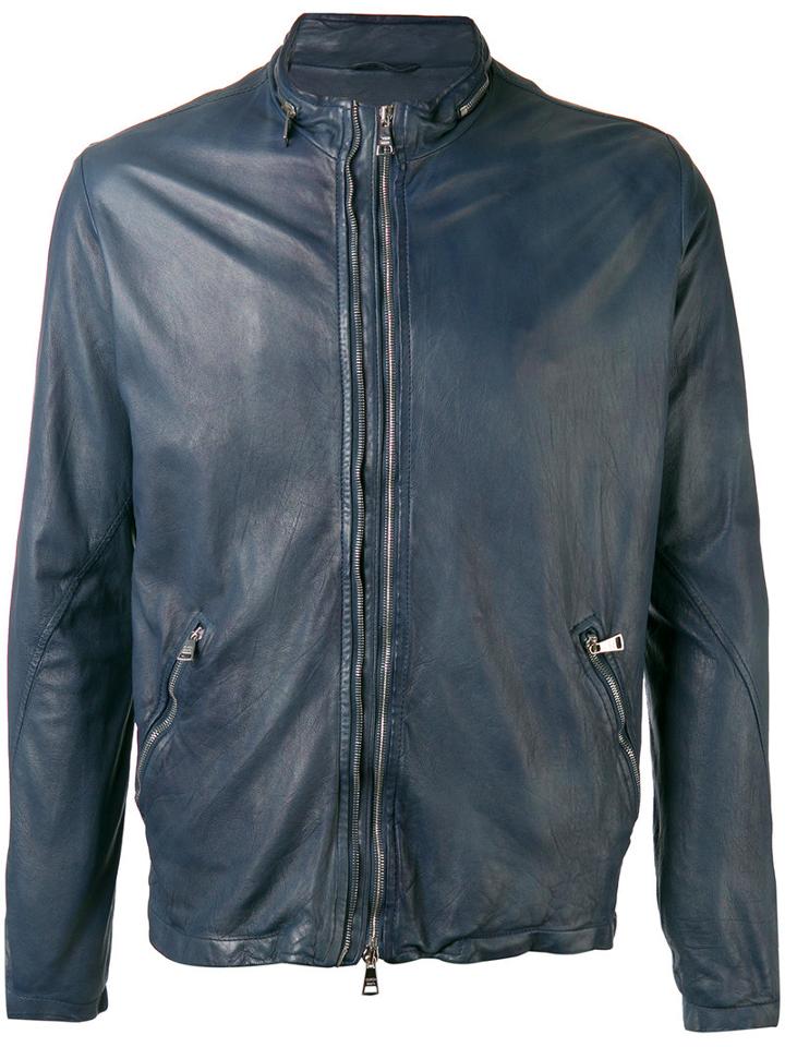 Giorgio Brato High Neck Leather Jacket, Men's, Size: 52, Blue, Leather/cotton