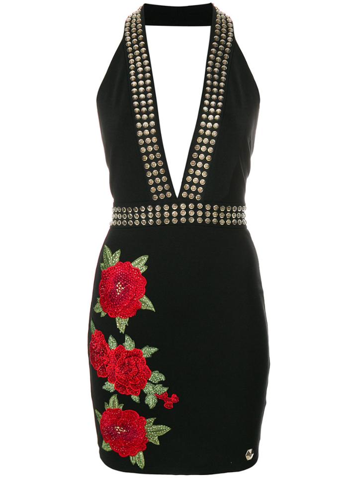 Philipp Plein Rose Patch Halterneck Mini Dress - Black