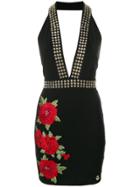Philipp Plein Rose Patch Halterneck Mini Dress - Black