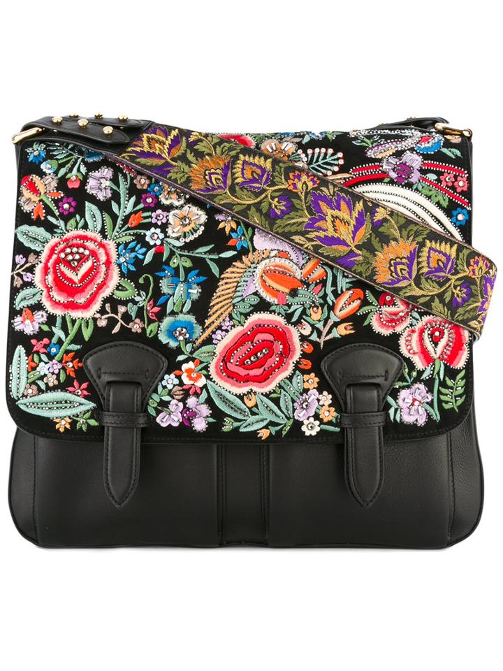 Roberto Cavalli Floral Embroidered Satchel Bag, Women's, Black, Bos Taurus/metal