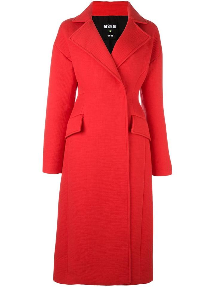 Msgm Embellished Belt Long Coat, Women's, Size: 42, Red, Cotton/viscose