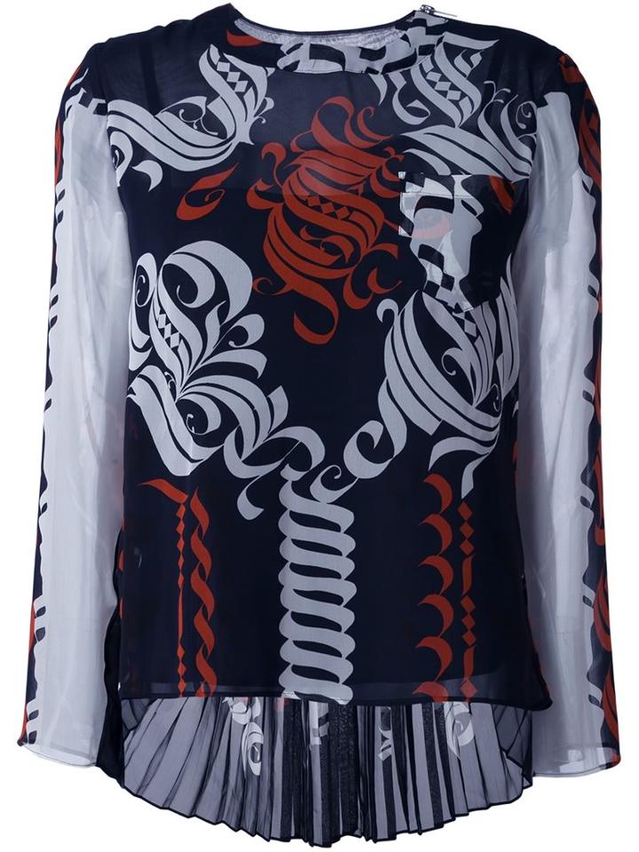 Sacai Calligraphy Print Blouse, Women's, Size: 2, Blue, Polyester/cupro