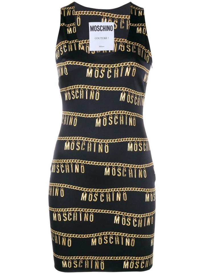 Moschino Logo Chain Print Dress, Women's, Size: 42, Black, Rayon/other Fibres