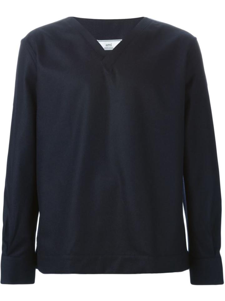 Ami Alexandre Mattiussi Felt V-neck Sweater, Men's, Size: Large, Blue, Polyamide/virgin Wool