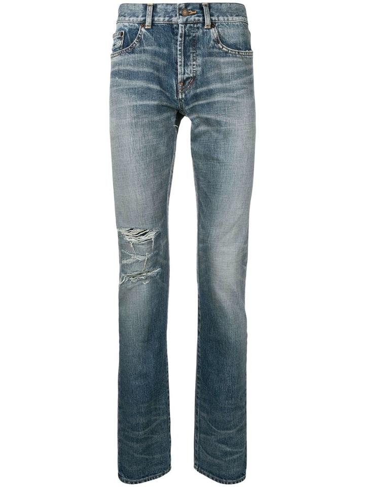 Saint Laurent Ripped Stonewashed High Rise Jeans - Blue