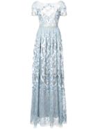Marchesa Notte Embroidered Plunge Back Gown - Blue