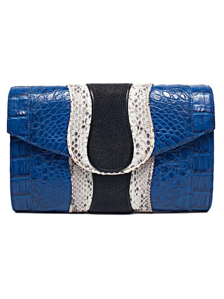 Khirma Eliazov Herzog Clutch, Women's, Blue, Crocodile Leather/python Skin/stingray