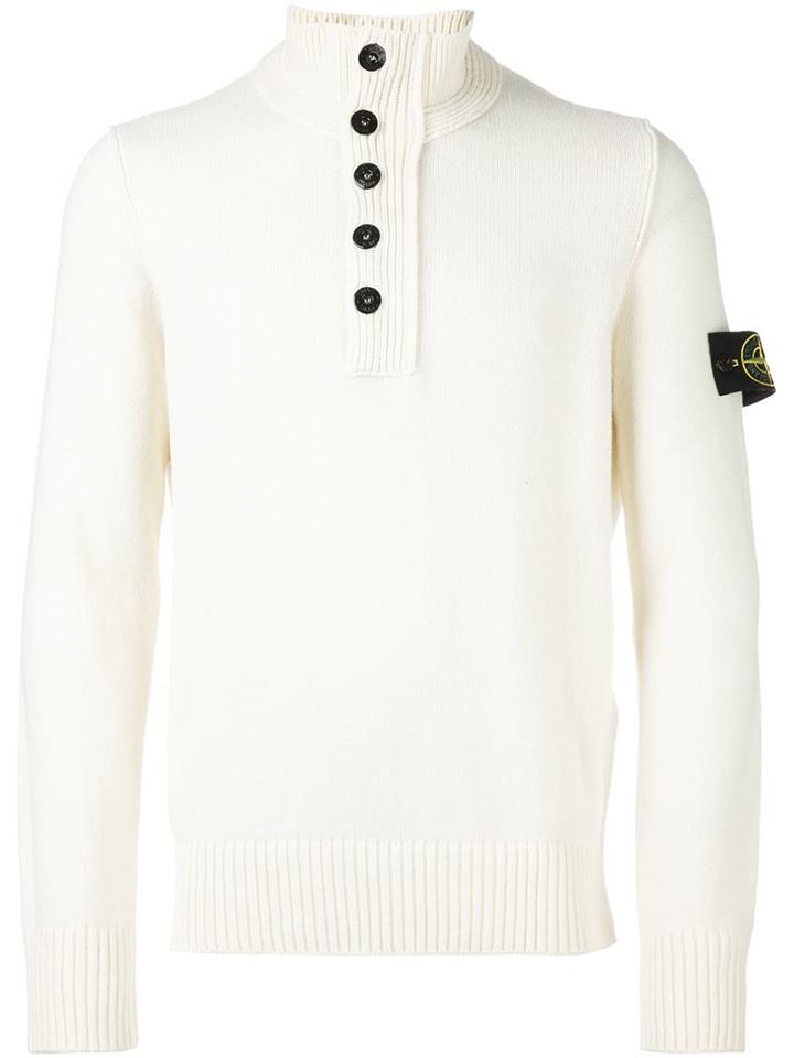 Stone Island Zipped Buttoned Neck Pullover, Men's, Size: Small, White, Polyamide/wool