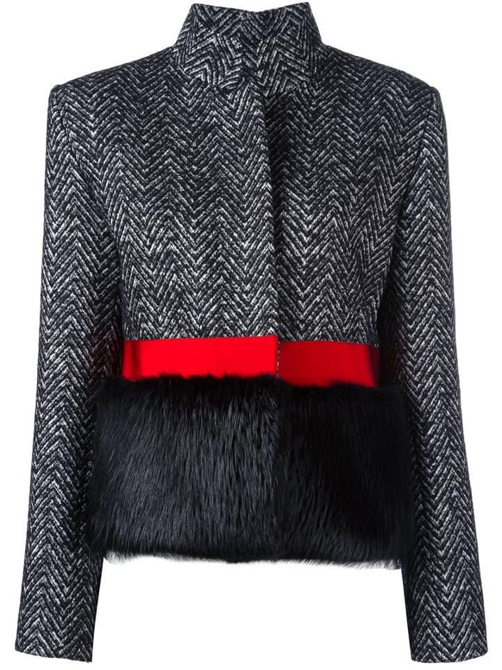 Capucci Fur-embellished Herringbone Jacket, Women's, Size: 44, Grey, Silk/nylon/polyester/virgin Wool