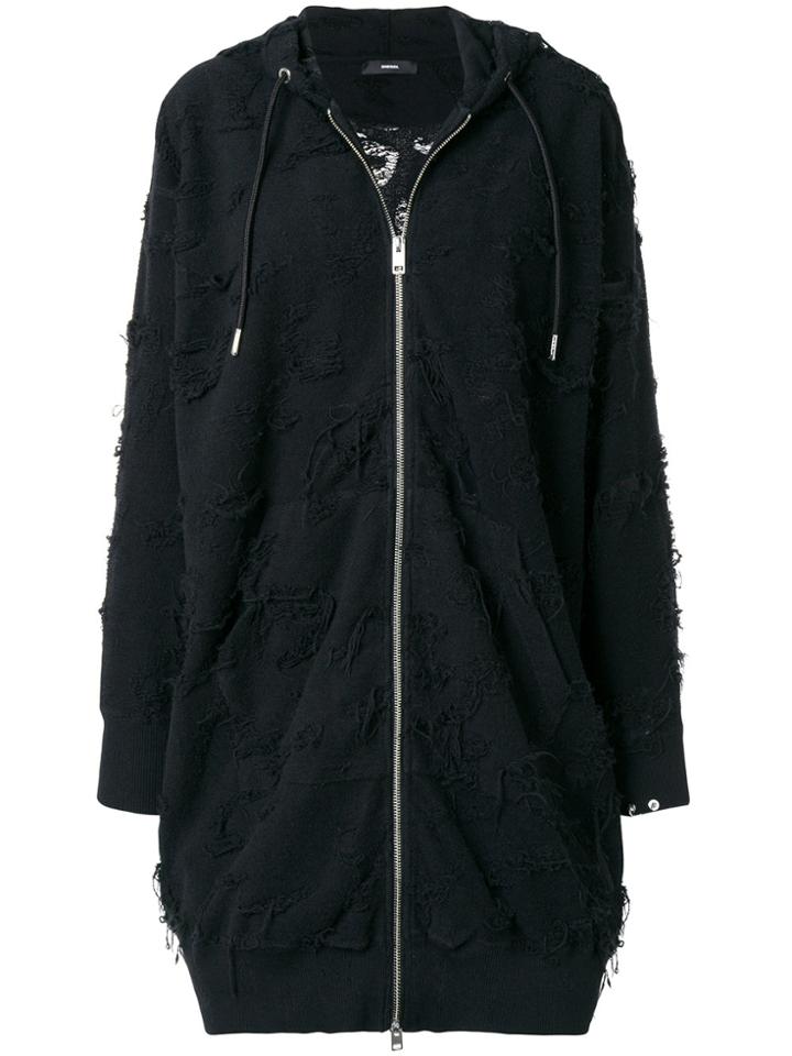 Diesel Frayed Longline Zip-up Hoodie - Black