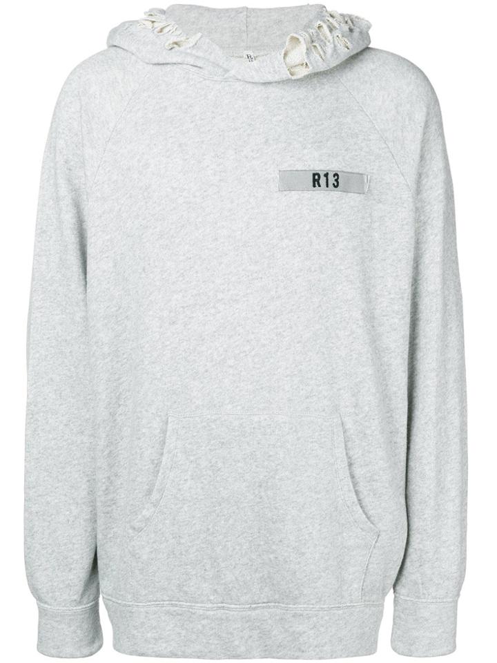 R13 Logo Patch Distressed Hoodie - Grey