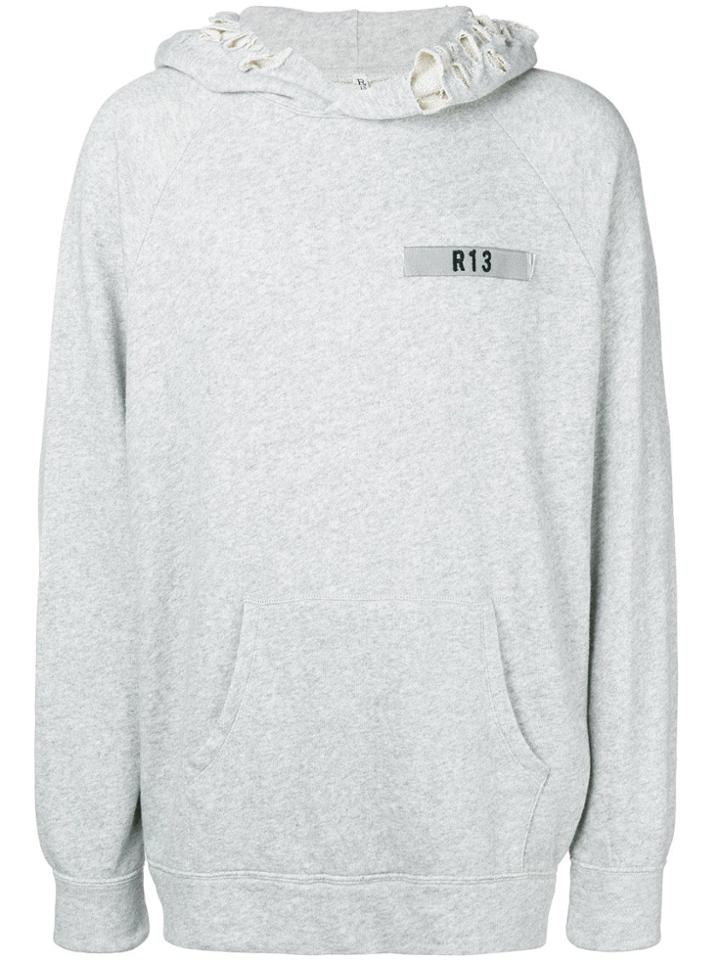 R13 Logo Patch Distressed Hoodie - Grey