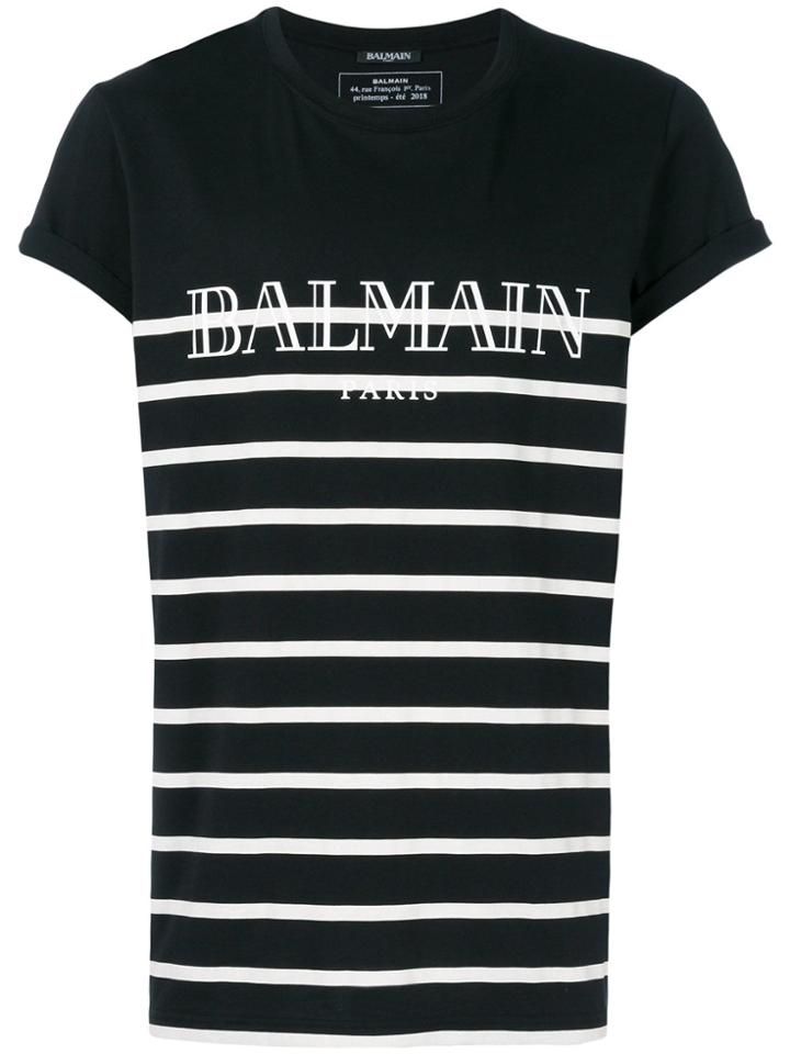 Balmain Logo Print Striped T-shirt - Black