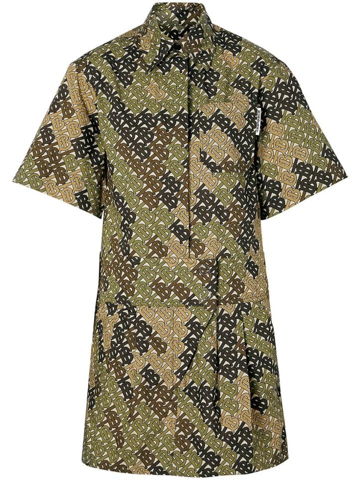 Burberry Short-sleeve Monogram Print Shirt Dress - Green