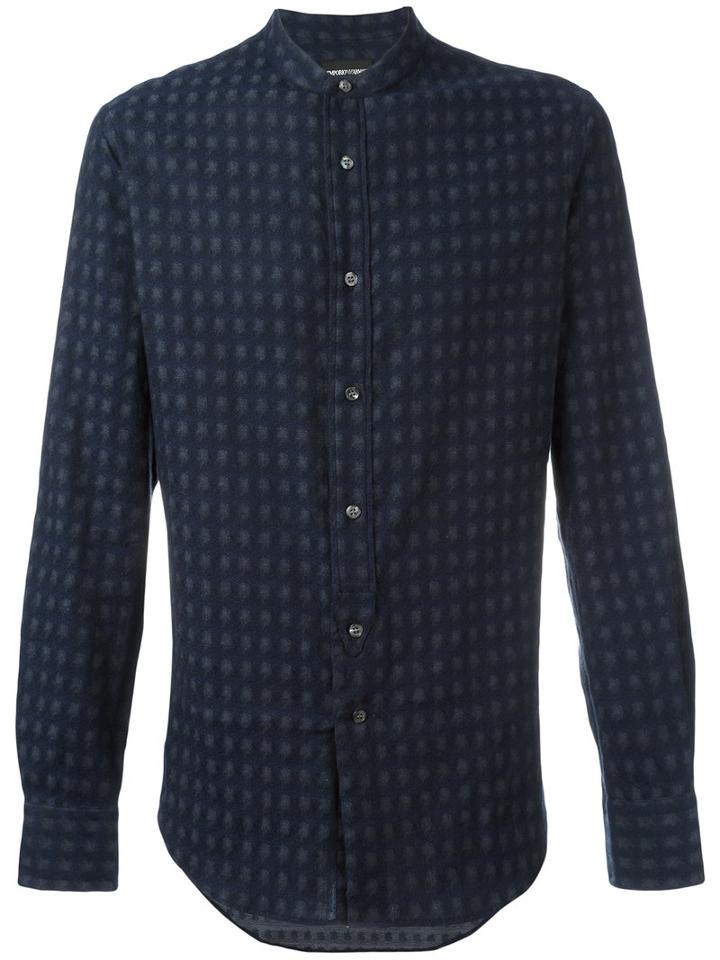 Emporio Armani Band Collar Shirt, Men's, Size: 40, Blue, Cotton/spandex/elastane