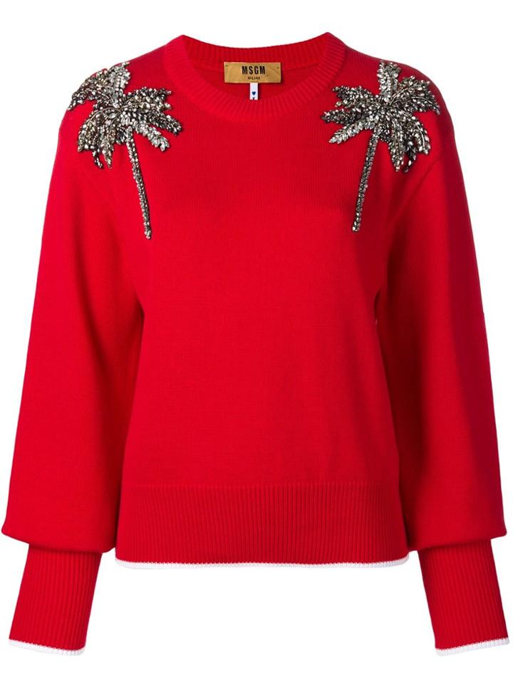 Msgm Palm Tree Embellished Sweater - Red