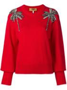 Msgm Palm Tree Embellished Sweater - Red