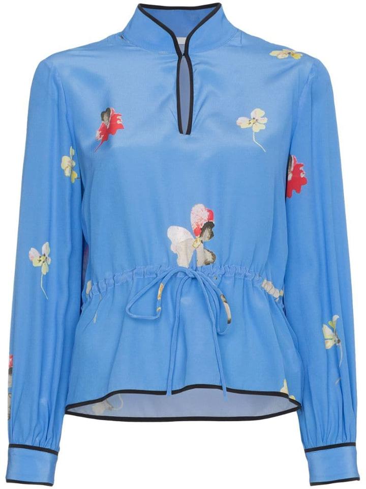 Ganni Silk Floral Drawstring Waist Blouse - Blue