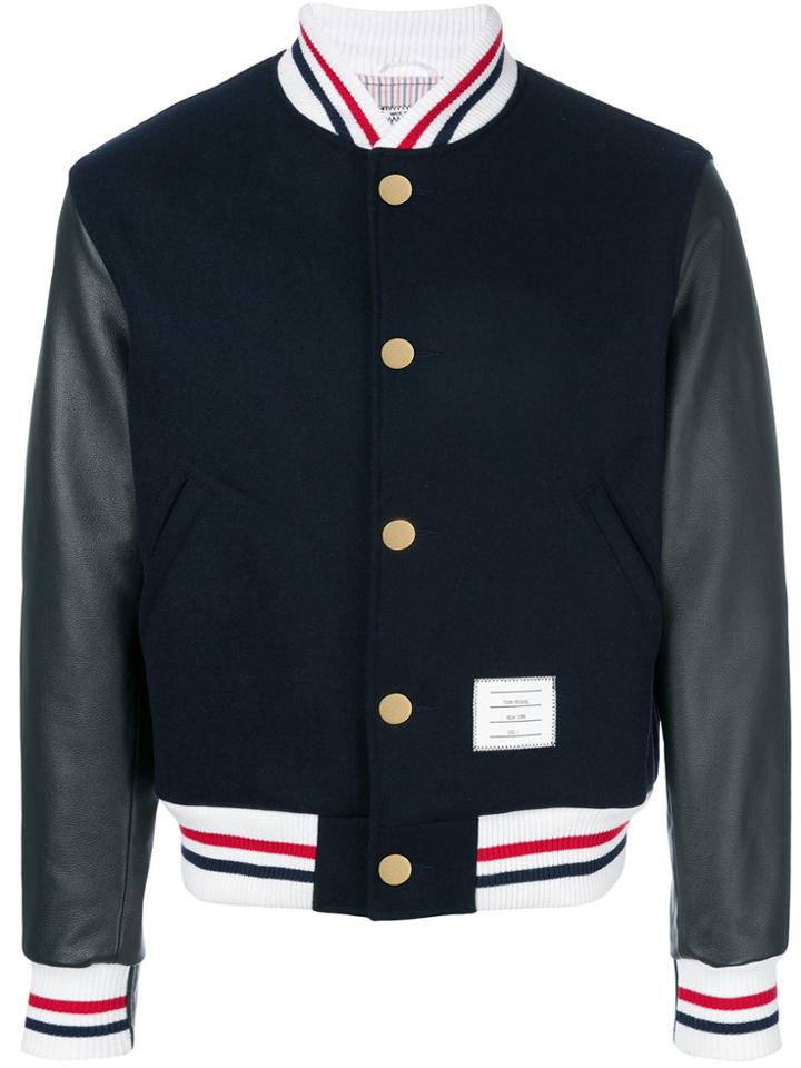 Thom Browne Button Front Melton Wool Varsity Jacket - Blue