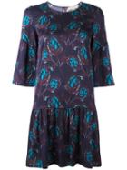 L'autre Chose Leaves Print Flared Dress, Women's, Size: 40, Blue, Silk/spandex/elastane