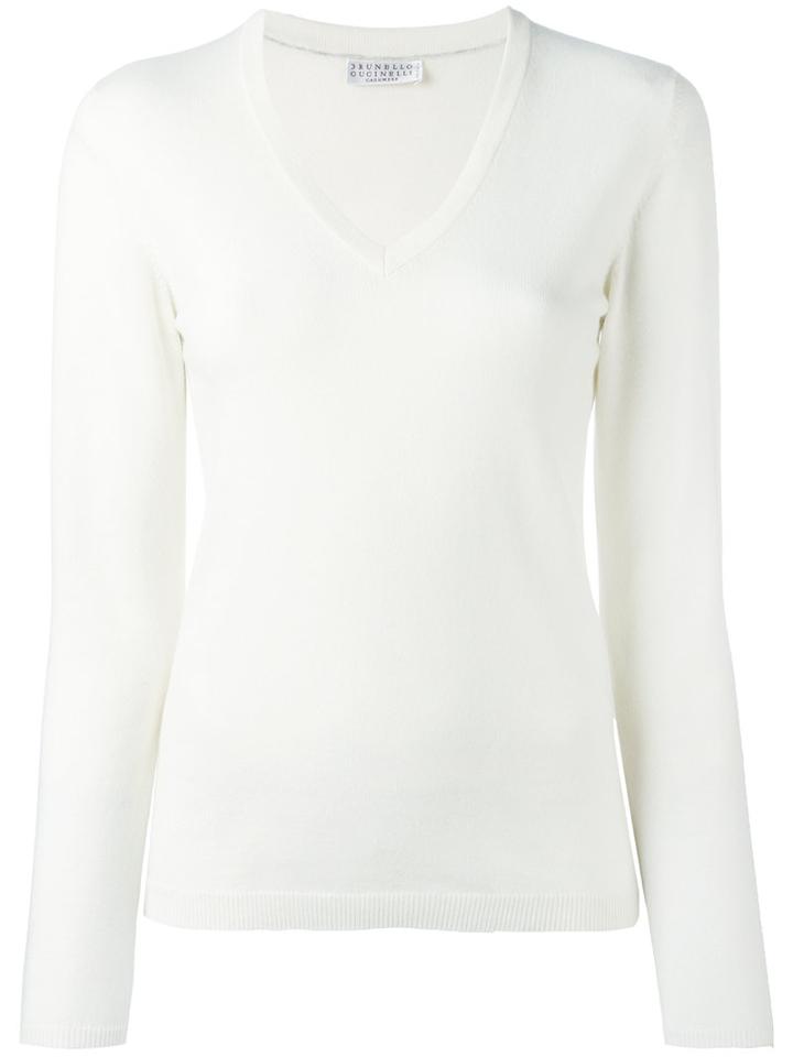 Brunello Cucinelli V Neck Sweatshirt, Women's, Size: Xl, White, Cashmere