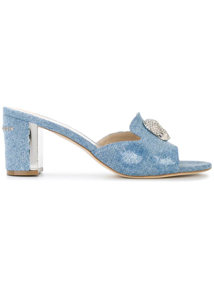 Philipp Plein Distressed Detail Skull Mules - Blue