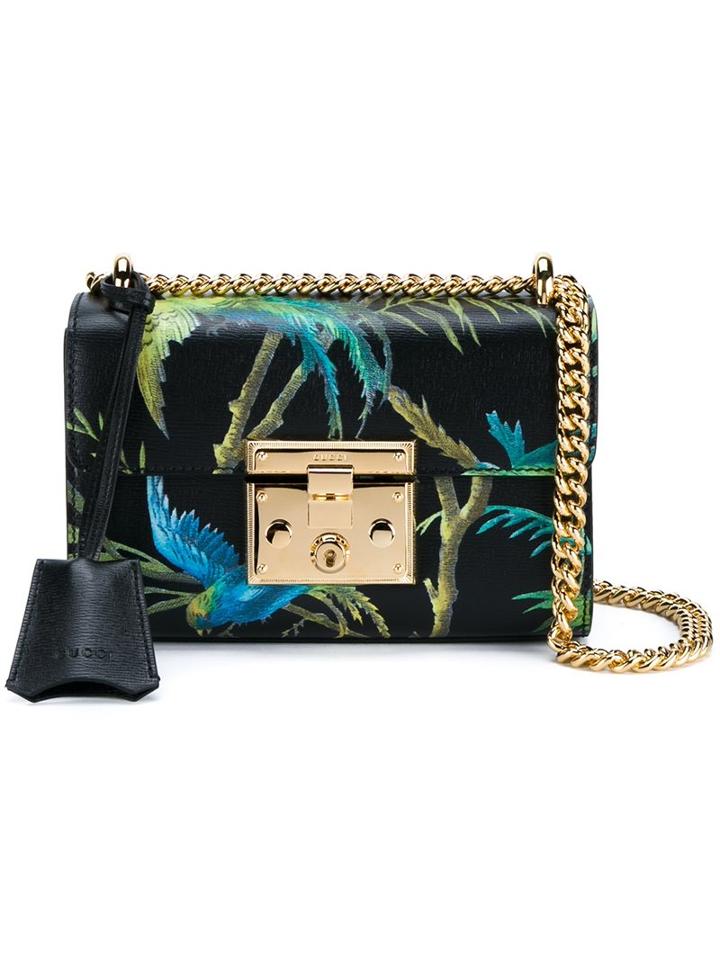 Gucci Tropical Print Shoulder Bag, Women's, Black, Leather/cotton