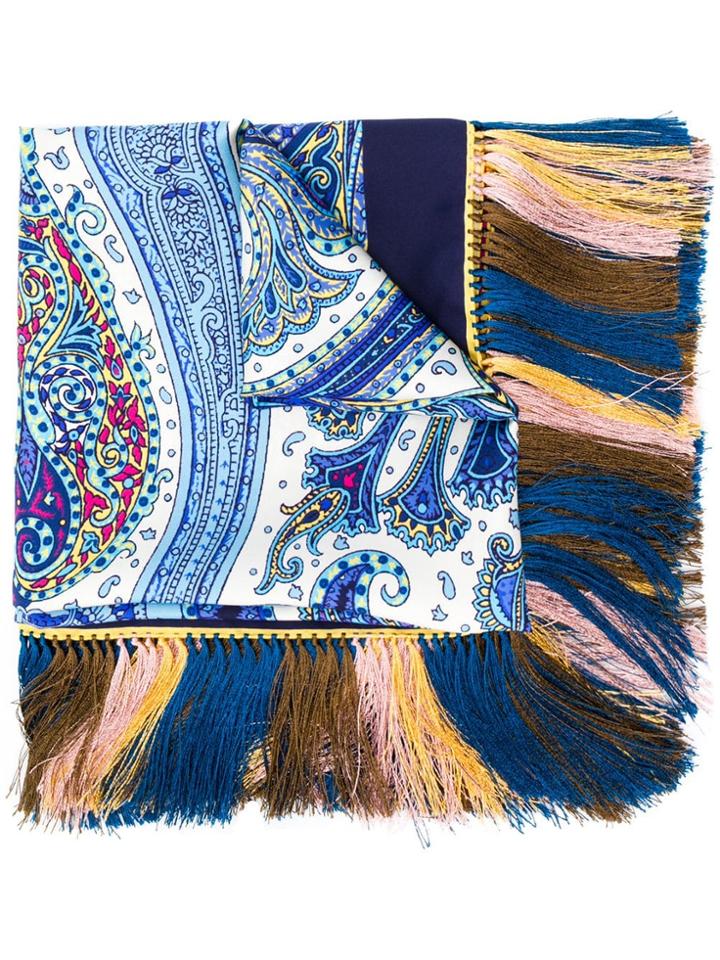 Etro Fringed Paisley Print Scarf - Blue