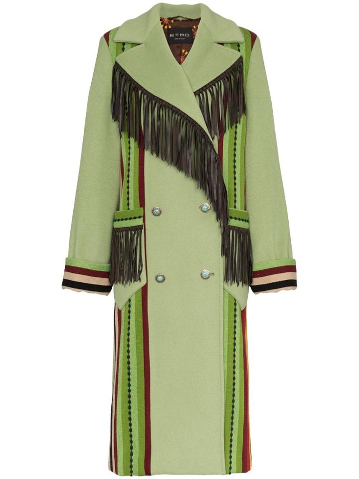 Etro Leather Fringe Double-breasted Wool Coat - Green