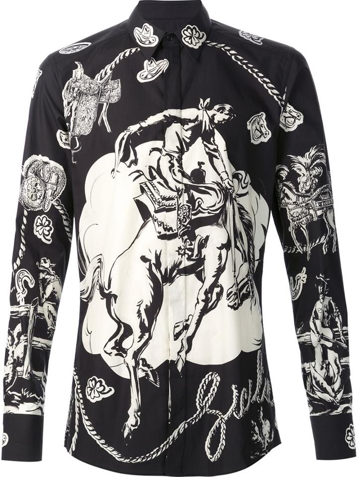 Dolce & Gabbana Cowboy Print Shirt, Men's, Size: 40, Black, Cotton