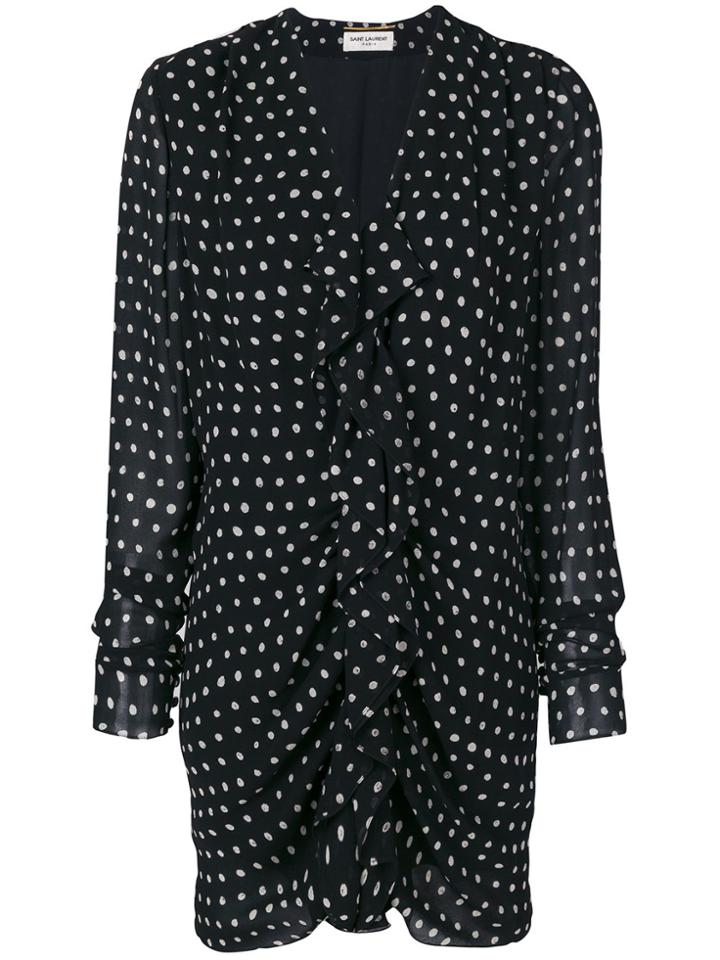 Saint Laurent Polka Dot Ruffle Front Dress - Black