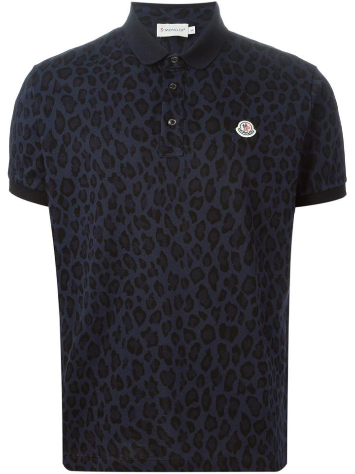 Moncler Leopard Print Polo Shirt, Men's, Size: Medium, Blue, Cotton