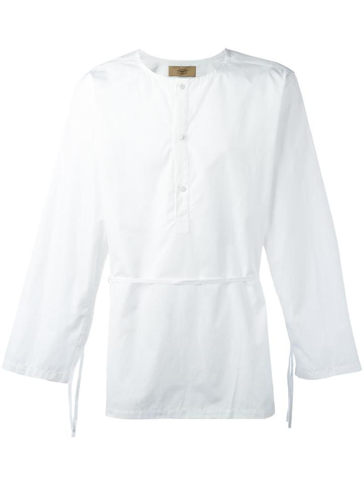 Maison Flaneur Belted Collarless Shirt, Men's, Size: 50, White, Cotton