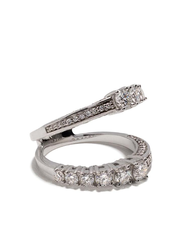 As29 18kt White Gold Icicle Half Diamond Pave Double Ring - Silver