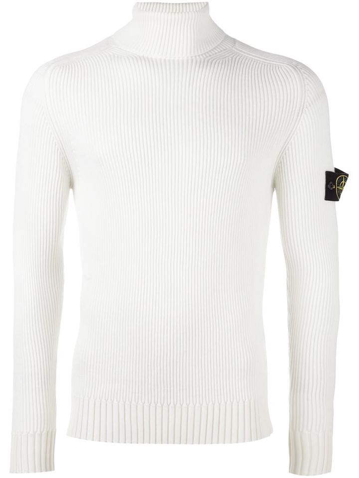 Stone Island Turtleneck Ribbed Jumper, Men's, Size: Medium, White, Wool