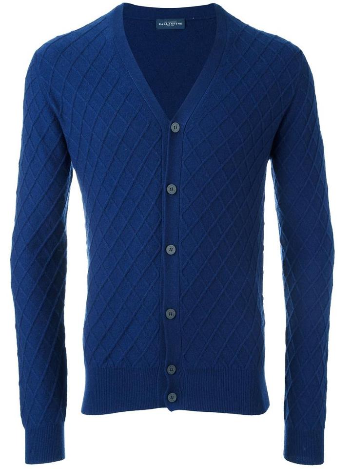 Ballantyne Jacquard V Neck Cardigan, Men's, Size: 52, Blue, Cashmere/wool