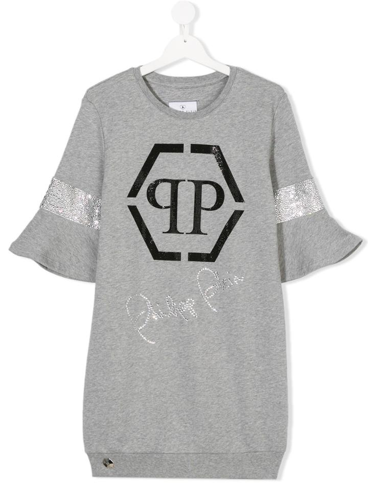 Philipp Plein Junior Teen Logo Print Sweatshirt Dress - Grey