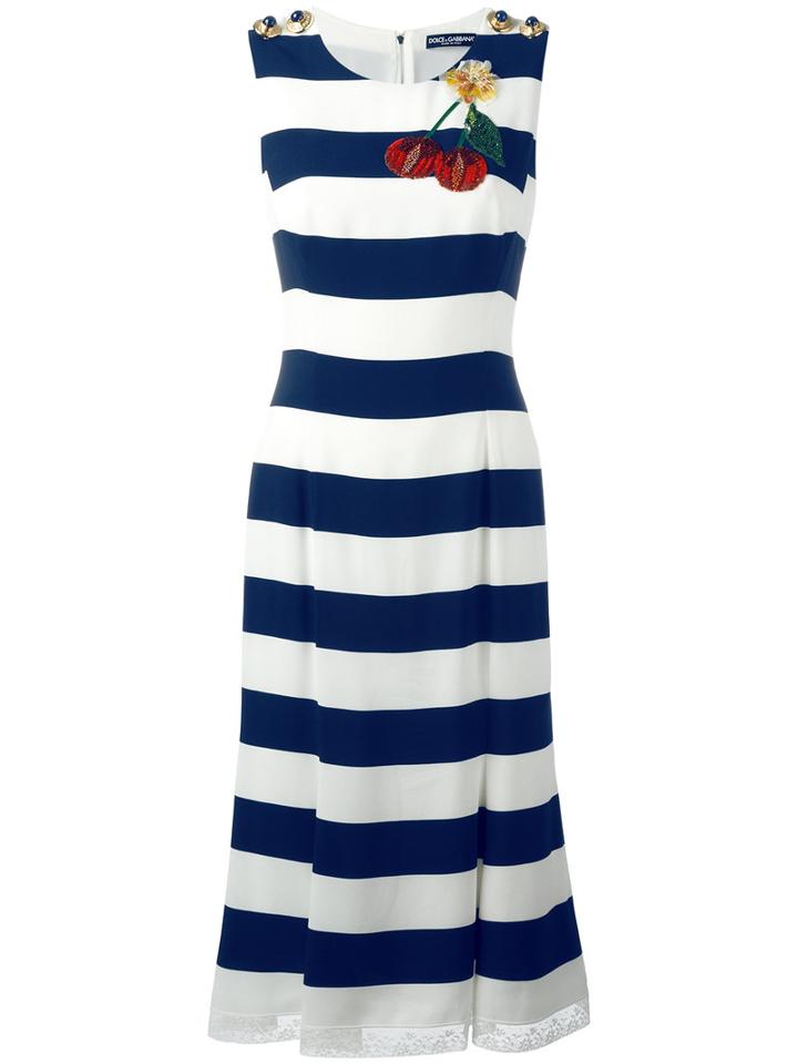 Dolce & Gabbana Cherry Patch Striped Dress, Women's, Size: 44, Blue, Viscose/cotton/polyamide/polyamide