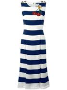 Dolce & Gabbana Cherry Patch Striped Dress, Women's, Size: 44, Blue, Viscose/cotton/polyamide/polyamide