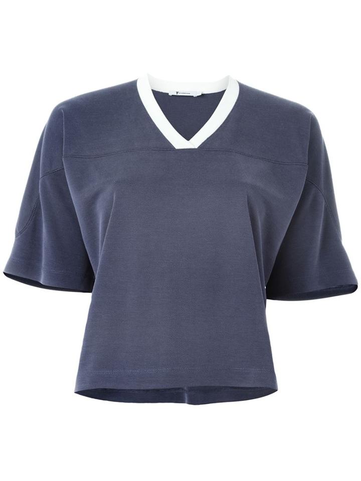 T By Alexander Wang V-neck Football T-shirt, Women's, Size: L, Blue, Modal/polyester