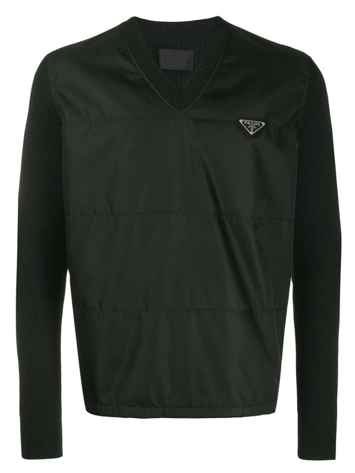 Prada Logo Plaque V-neck Sweater - Black